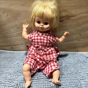 Vintage 1968 Horsman Baby Doll Blonde Rooted Hair Blue Sleep Eyes Gingham Outfit